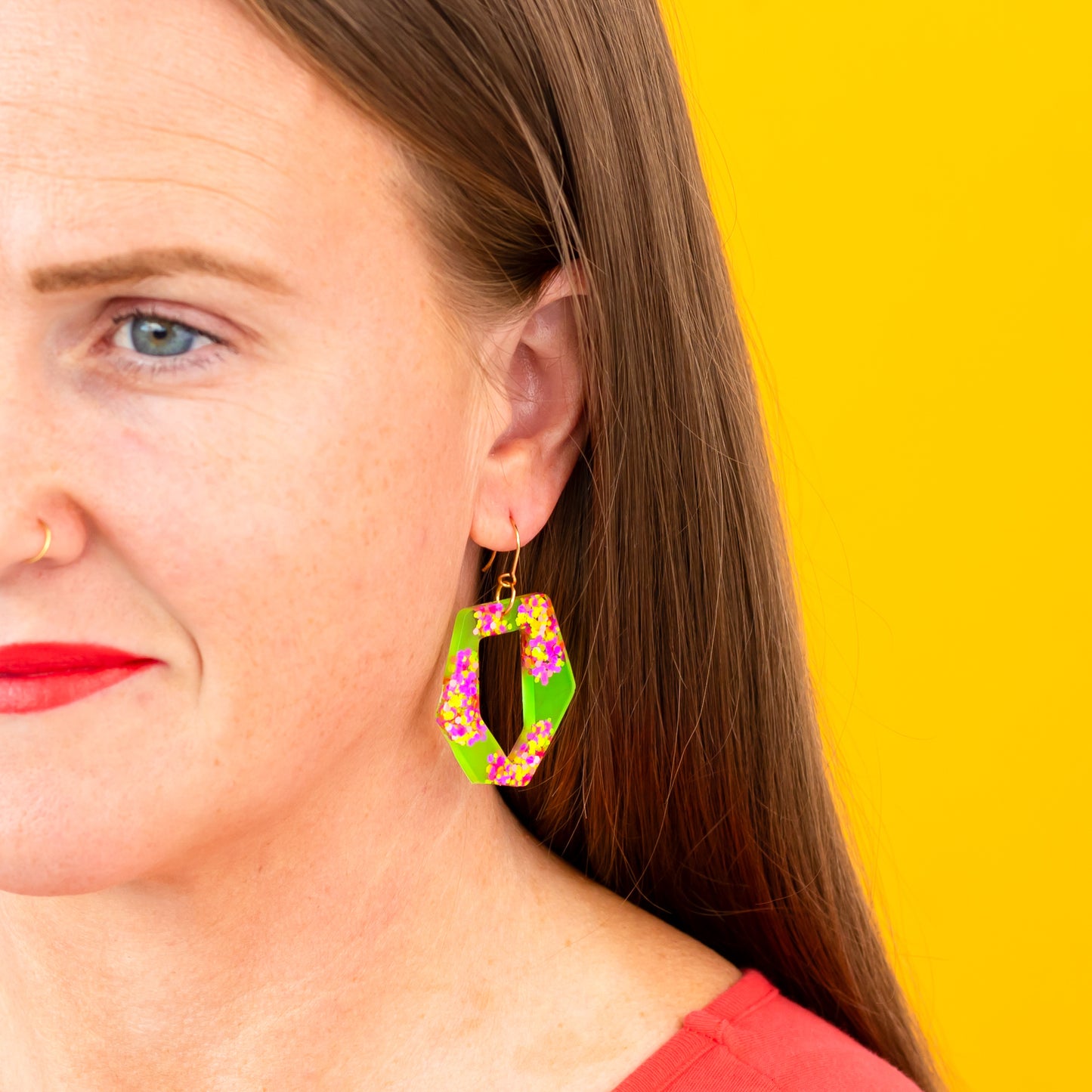 Green, Magenta & Purple Glitter Hexagon Dangle Earrings for Sensitive Ears