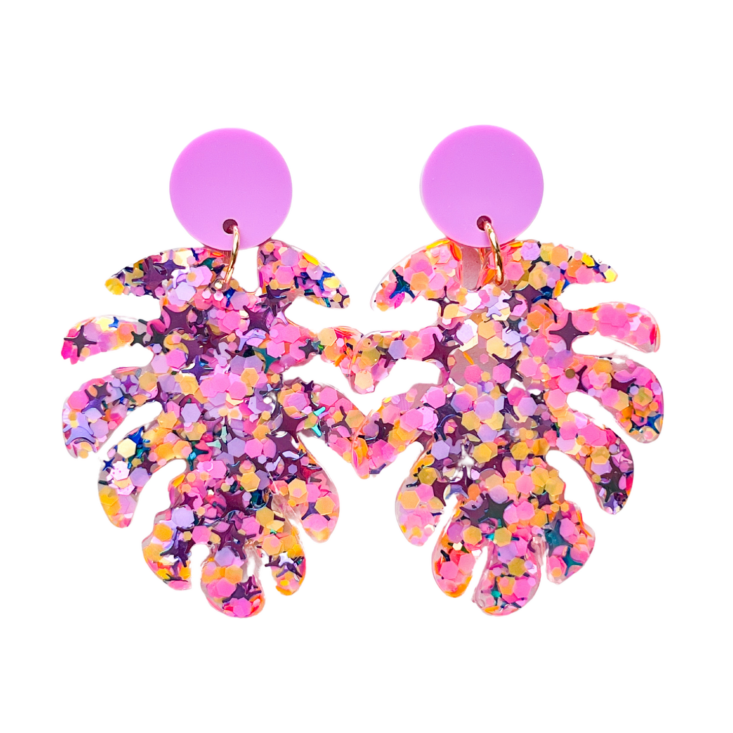 Pink, Silver & Orange Glitter Monstera Drop Earrings for Sensitive Ears