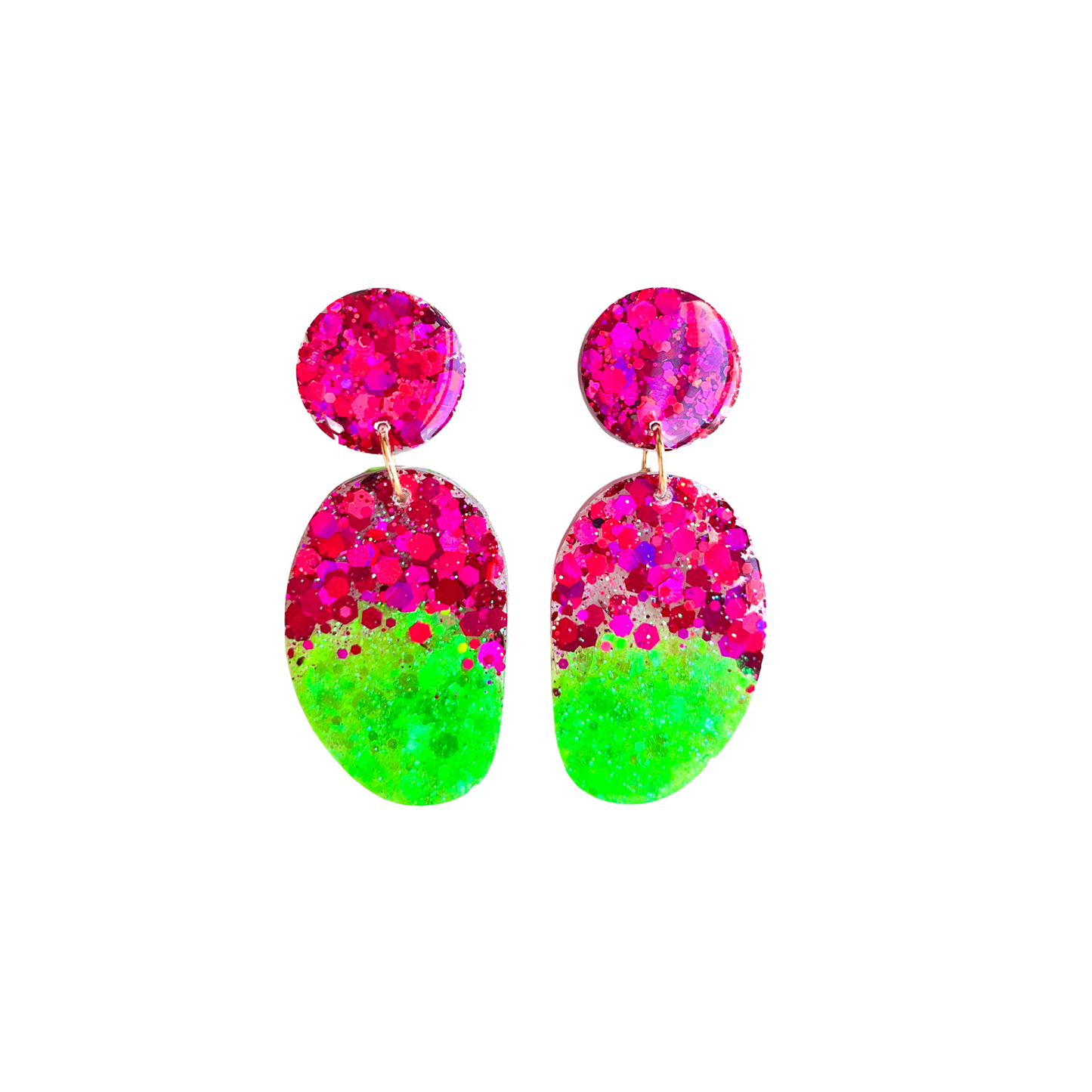 Bright Magenta & Green Glitter Drop Earrings for Sensitive Ears