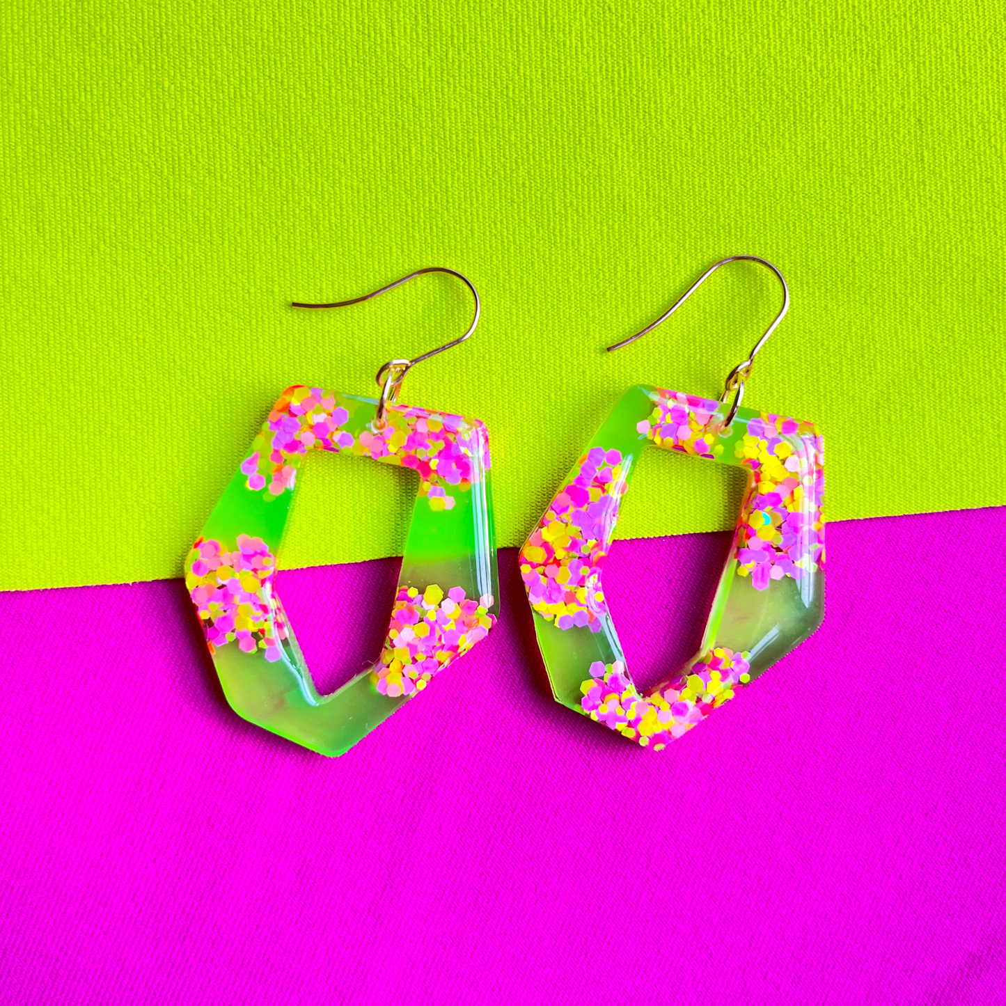 Green, Magenta & Purple Glitter Hexagon Dangle Earrings for Sensitive Ears