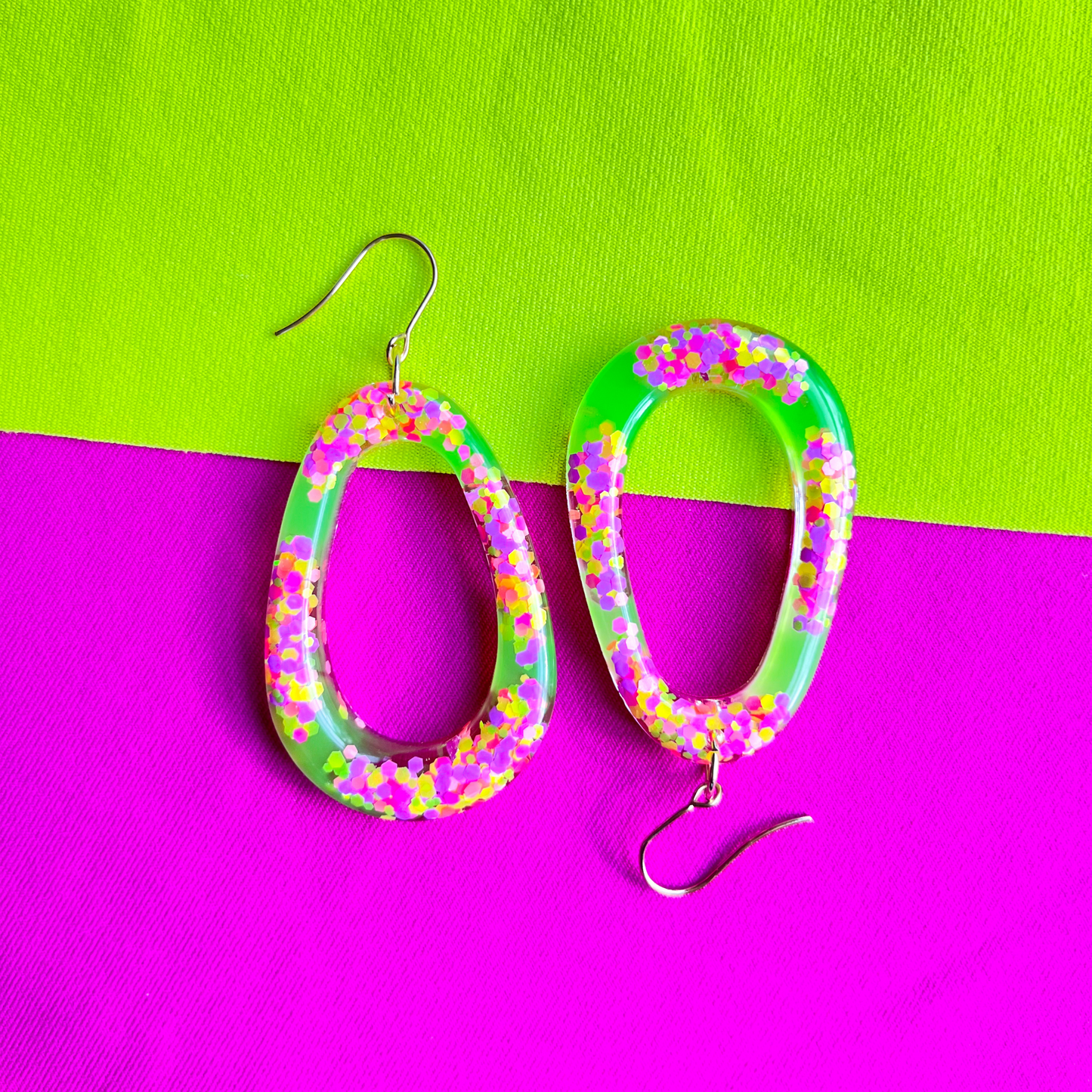 Green, Magenta & Purple Glitter Oval Dangle Earrings for Sensitive Ears