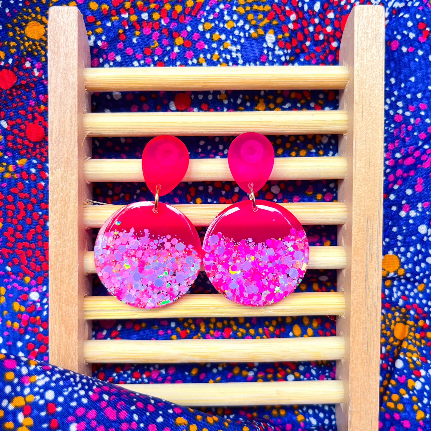 Pink & Blue Glitter Circle Drop Earrings for Sensitive Ears