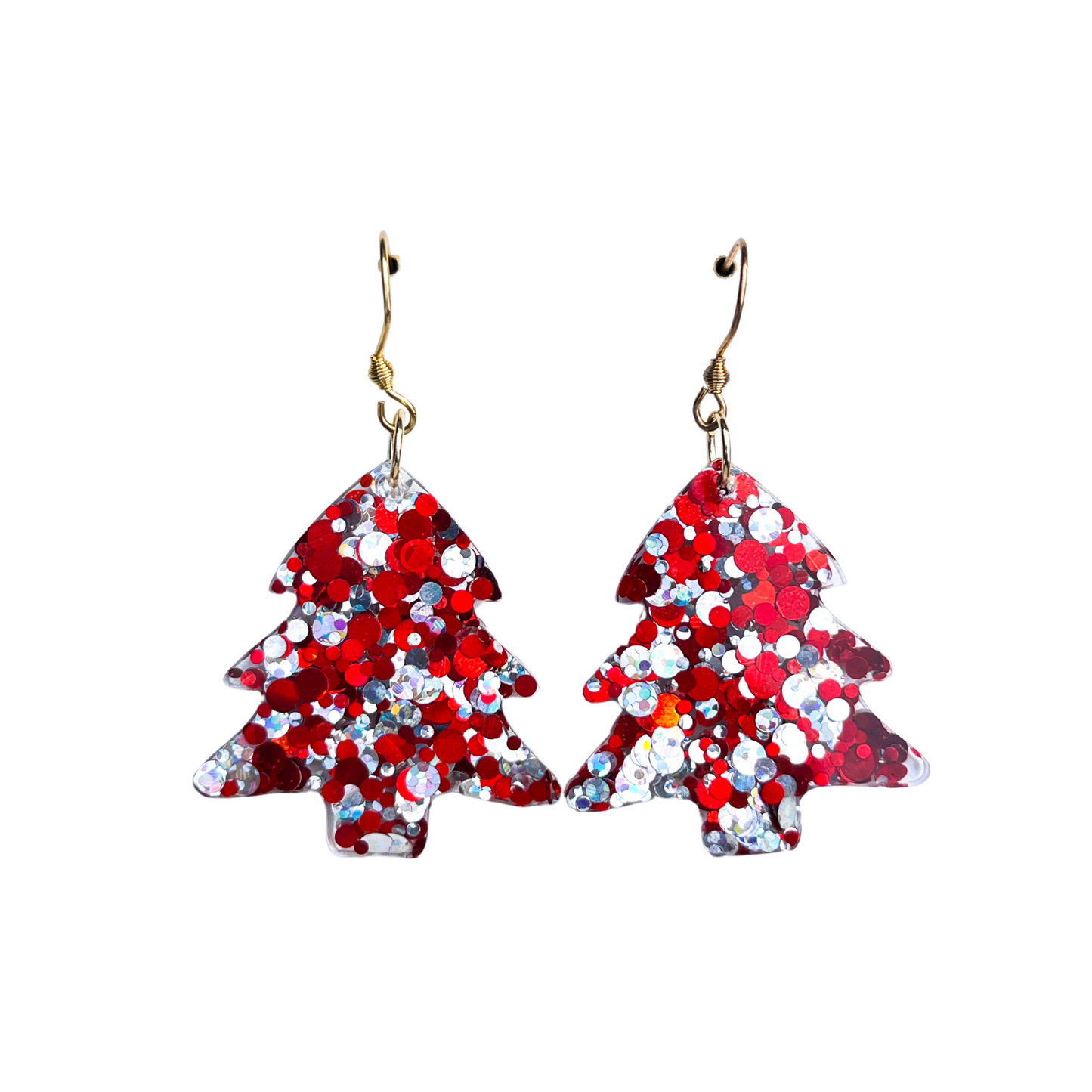 Red & Silver Glitter Christmas Tree Earrings for Sensitive Ears
