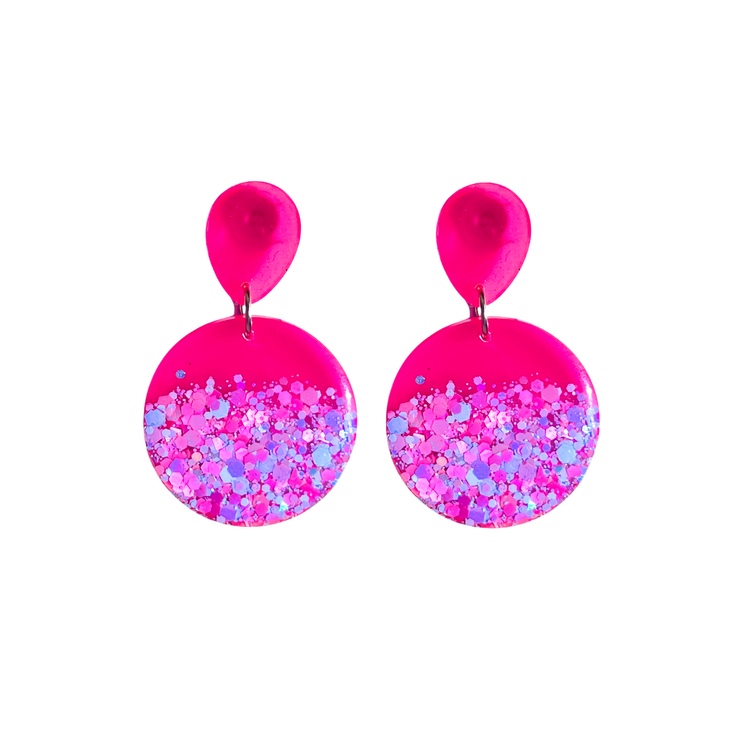 Pink & Blue Glitter Circle Drop Earrings for Sensitive Ears