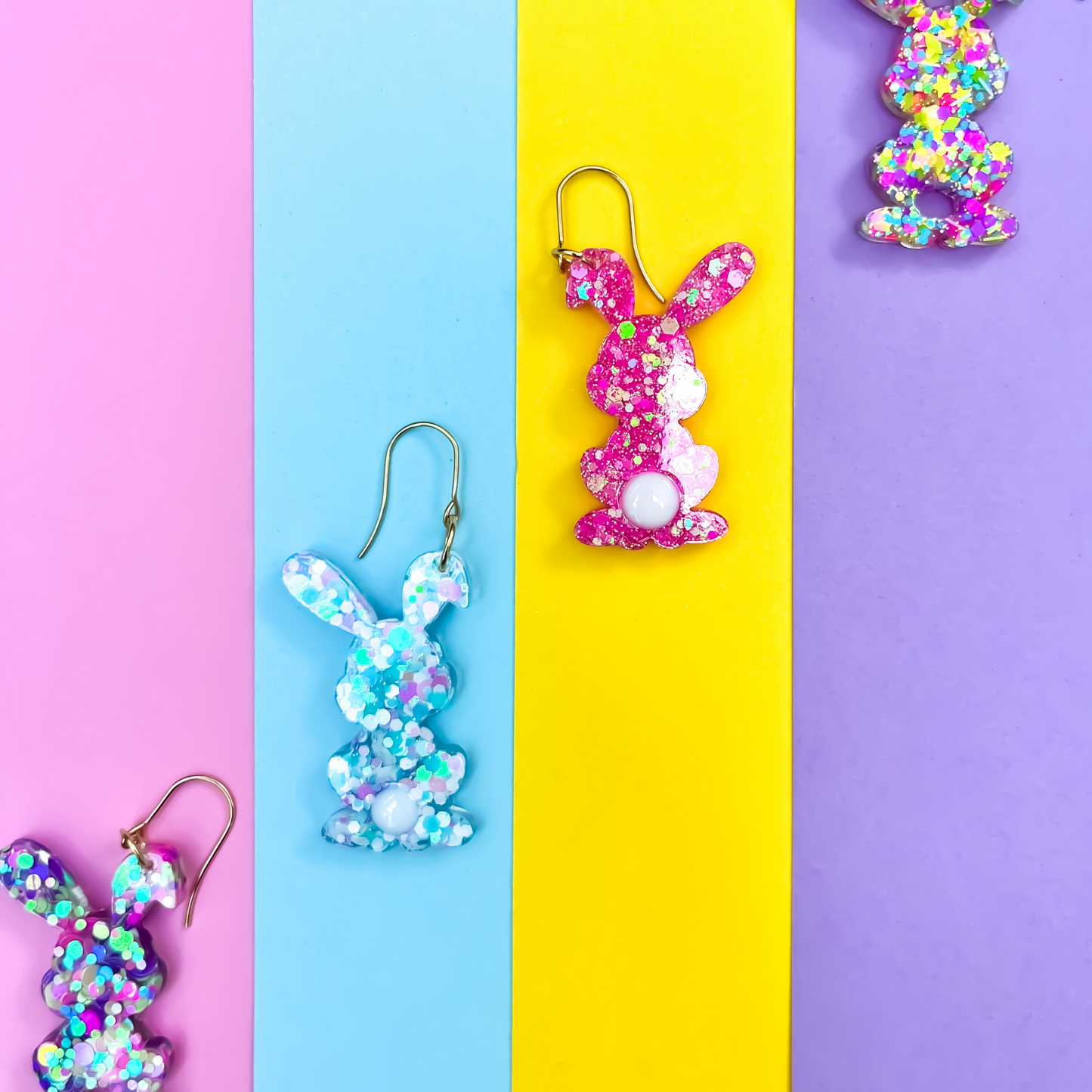 Easter Bunny & Easter Egg earrings in funky glitters and bright colours with Titanium for sensitive ears.