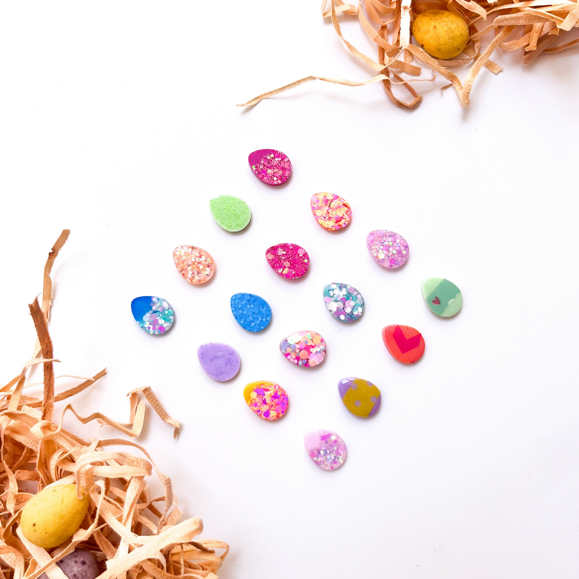 Easter Bunny & Easter Egg earrings in funky glitters and bright colours with Titanium for sensitive ears.