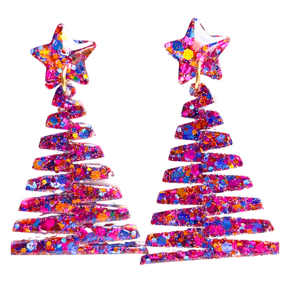 Blue, Pink & Gold Glitter Christmas Tree Earrings for Sensitive Ears