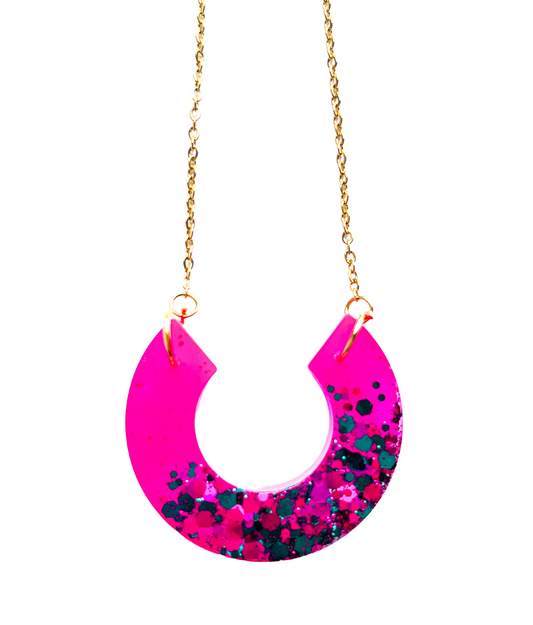 Handmade Statement Pink & Green Glitter Pendant Gold Chain NZ