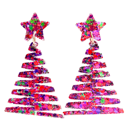 Red, Pink & Green Glitter Christmas Tree Earrings for Sensitive Ears