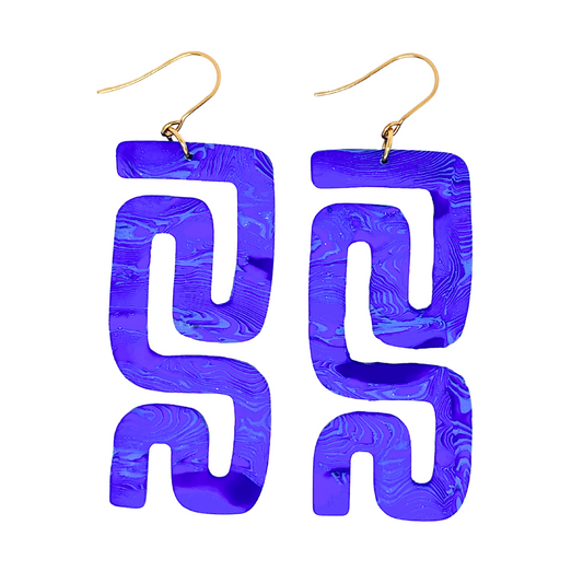 Blue Rectangle Squiggle Clay Dangle Earrings for Sensitive Ears