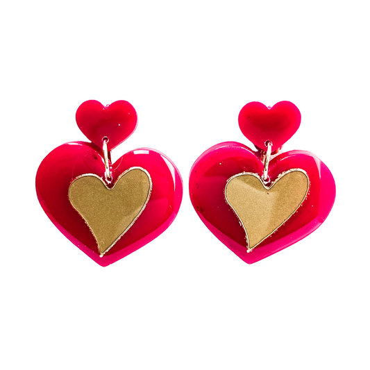 Red & Gold Valentines Heart Earrings with Hypoallergenic Titanium NZ