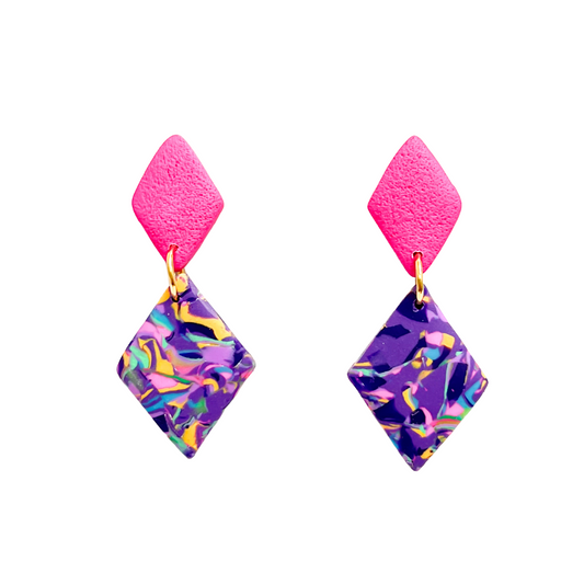 Painted Purple Diamond Clay Drop Earrings for Sensitive Ears