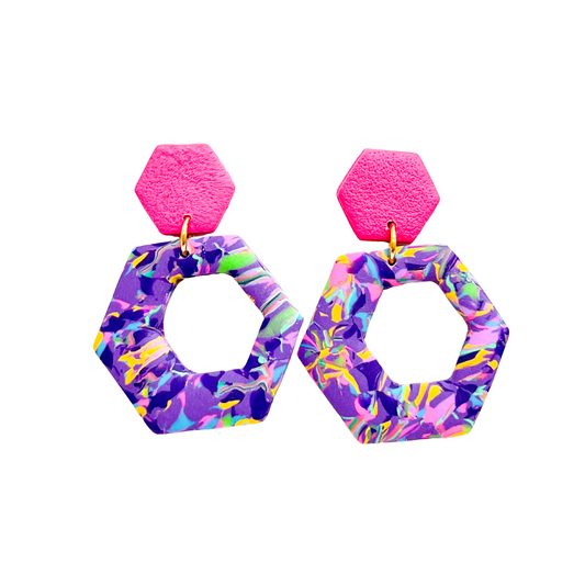 Painted Purple Hexagon Clay Drop Earrings for Sensitive Ears