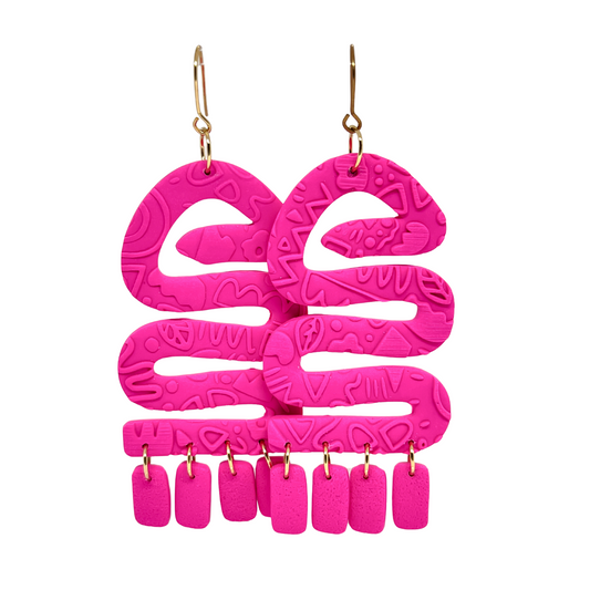 Bright Pink Snake Clay Dangle Earrings for Sensitive Ears