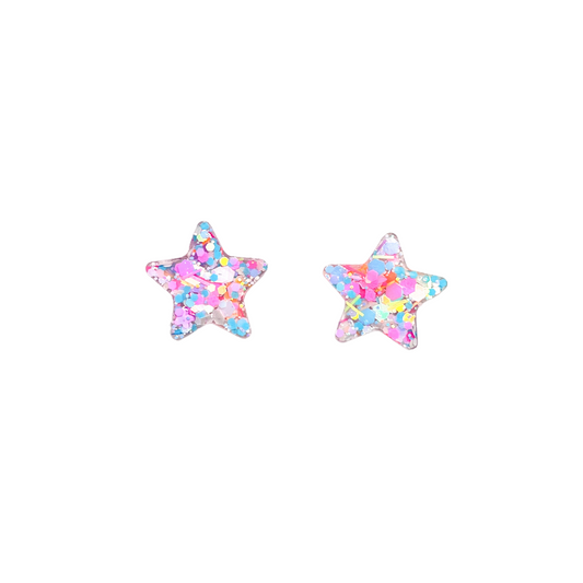 Pink, Blue & White Glitter Star Resin Stud Earrings Titanium Post