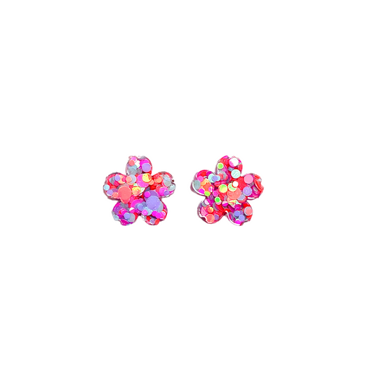 Pink, Blue & Peach Glitter Resin Flower Stud Earrings Titanium Post