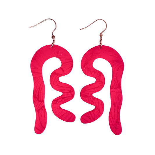 Bright Red Squiggle Clay Dangle Earrings for Sensitive Ears