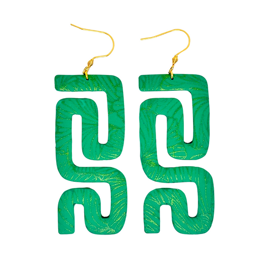 Green Rectangle Squiggle Clay Dangle Earrings for Sensitive Ears