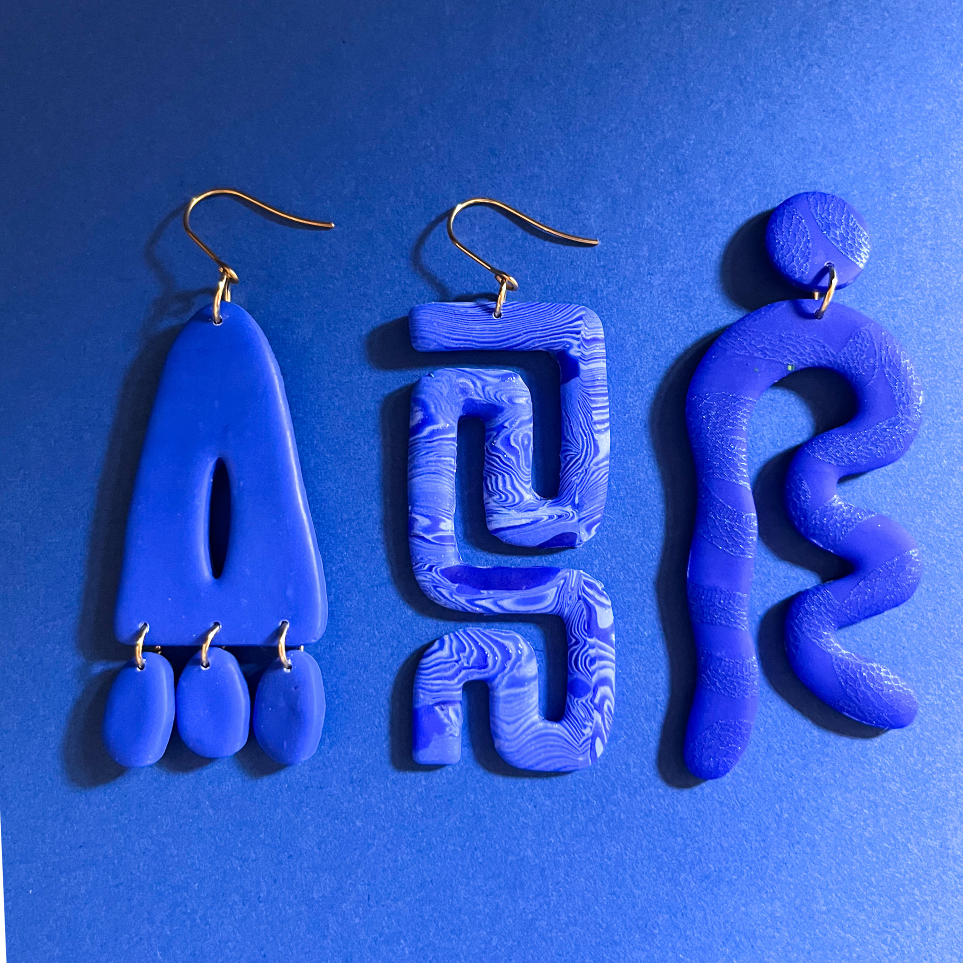 Cobalt Blue Squiggle Clay Drop Earrings for Sensitive Ears
