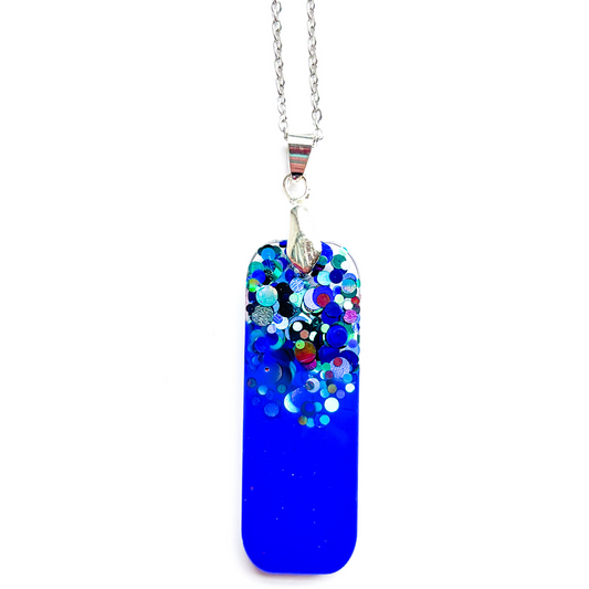 Handmade Statement Colourful Blue Glitter Rectangle Pendant w Chain NZ