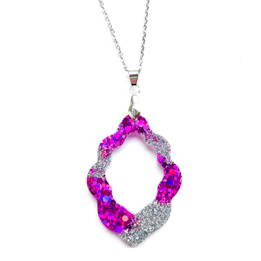 Handmade Statement Pink & Silver Glitter Pendant Silver Chain NZ