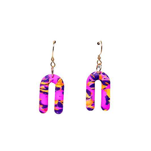 Bright Pink, Orange & Purple Clay Arch Dangle Earrings for Sensitive Ears
