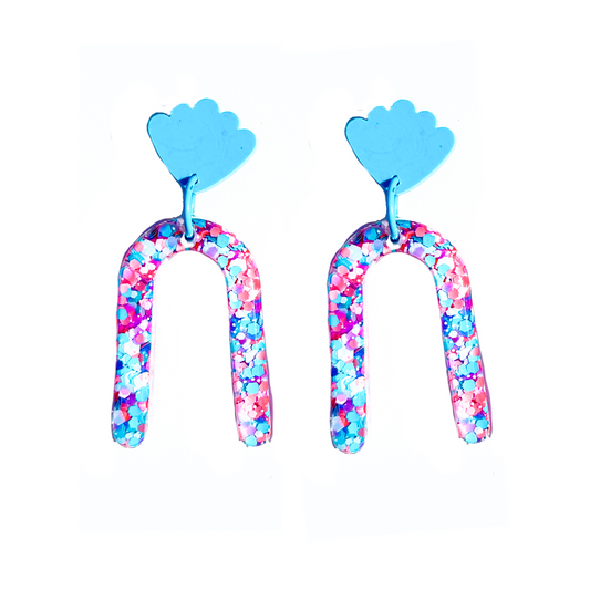 Blue, White & Peach Glitter Drop Earrings for Sensitive Ears