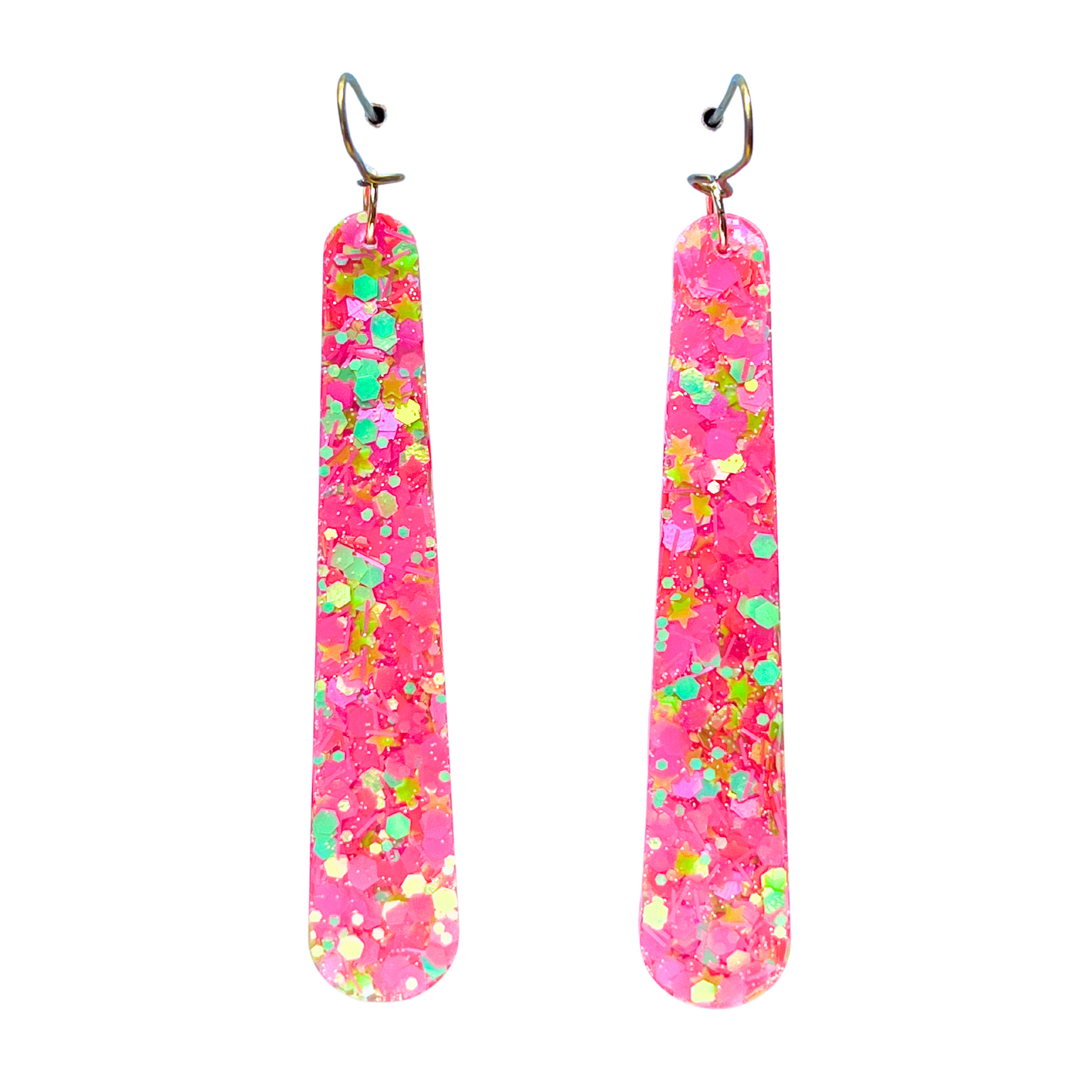 Pink & Green Glitter Dangle Earrings for Sensitive Ears