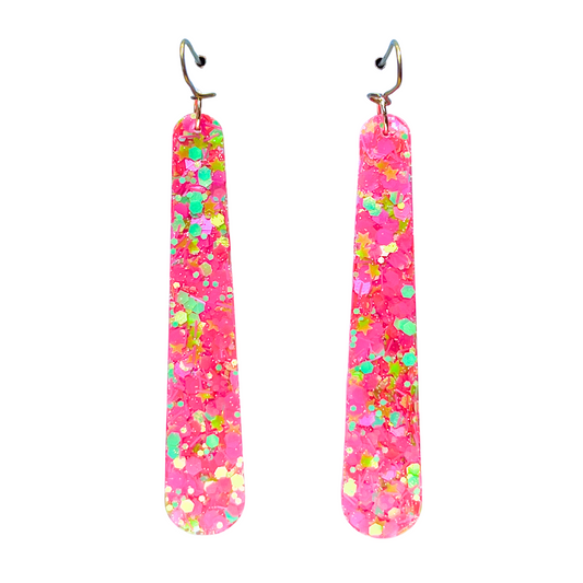 Pink & Green Glitter Dangle Earrings for Sensitive Ears