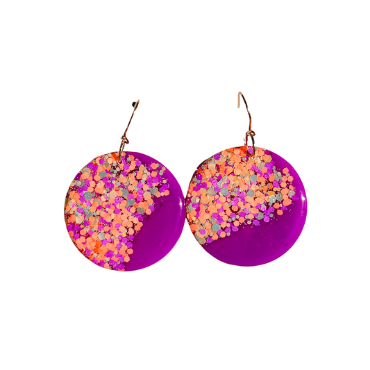 Purple, Orange & Gold Glitter Circle Dangle Earrings for Sensitive Ears