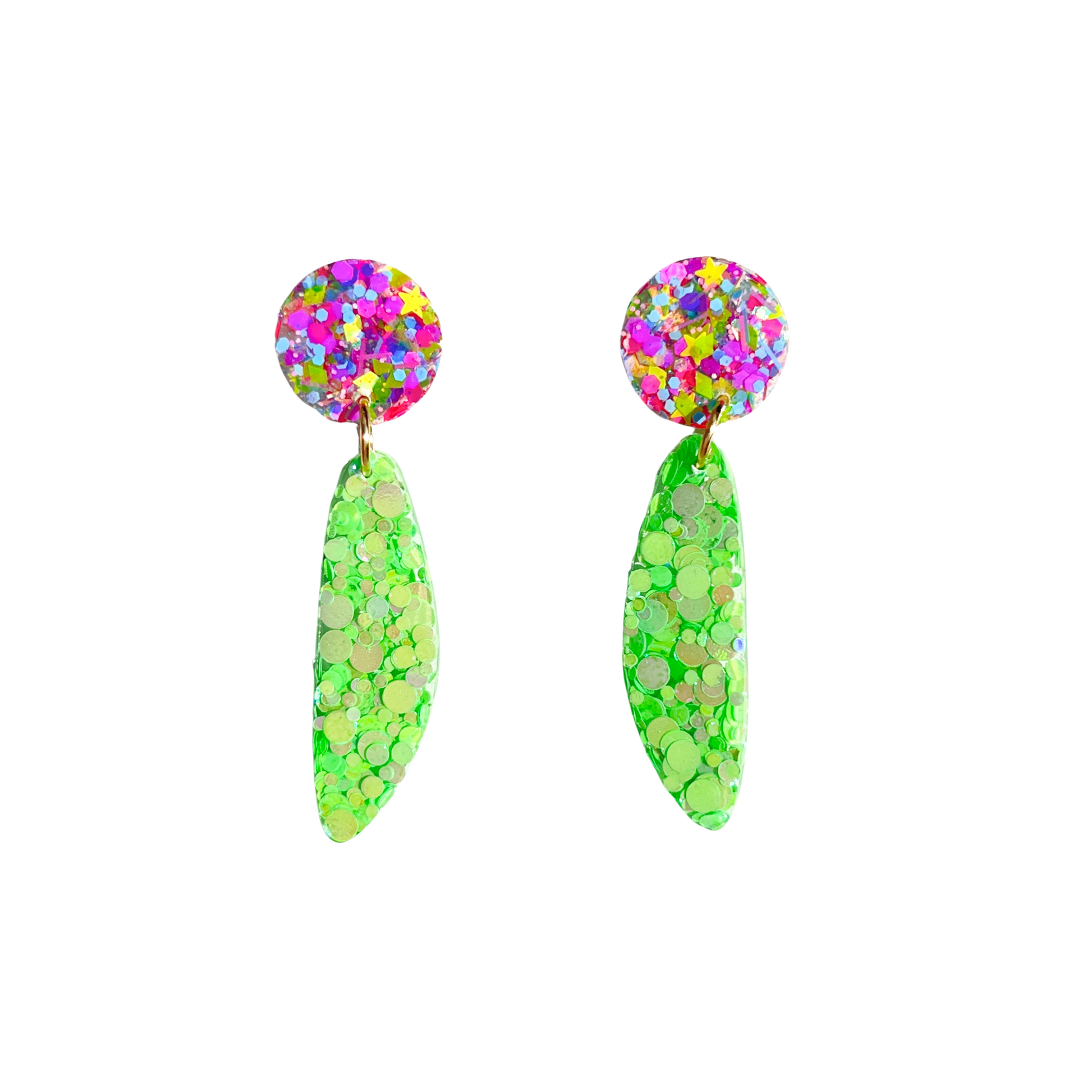 Green, Pink & Purple Glitter Drop Earrings for Sensitive Ears