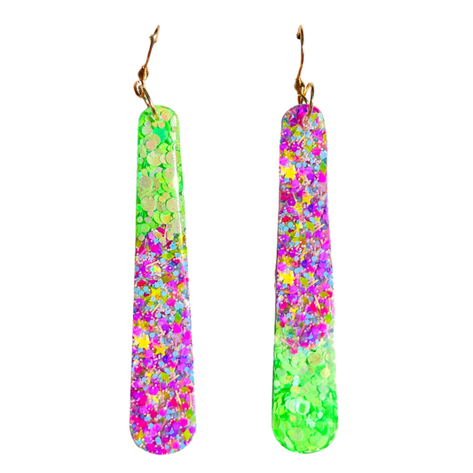 Green, Pink & Purple Glitter Dangle Earrings for Sensitive Ears