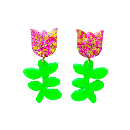 Pink, Yellow & Purple Glitter Flower Drop Earrings for Sensitive Ears