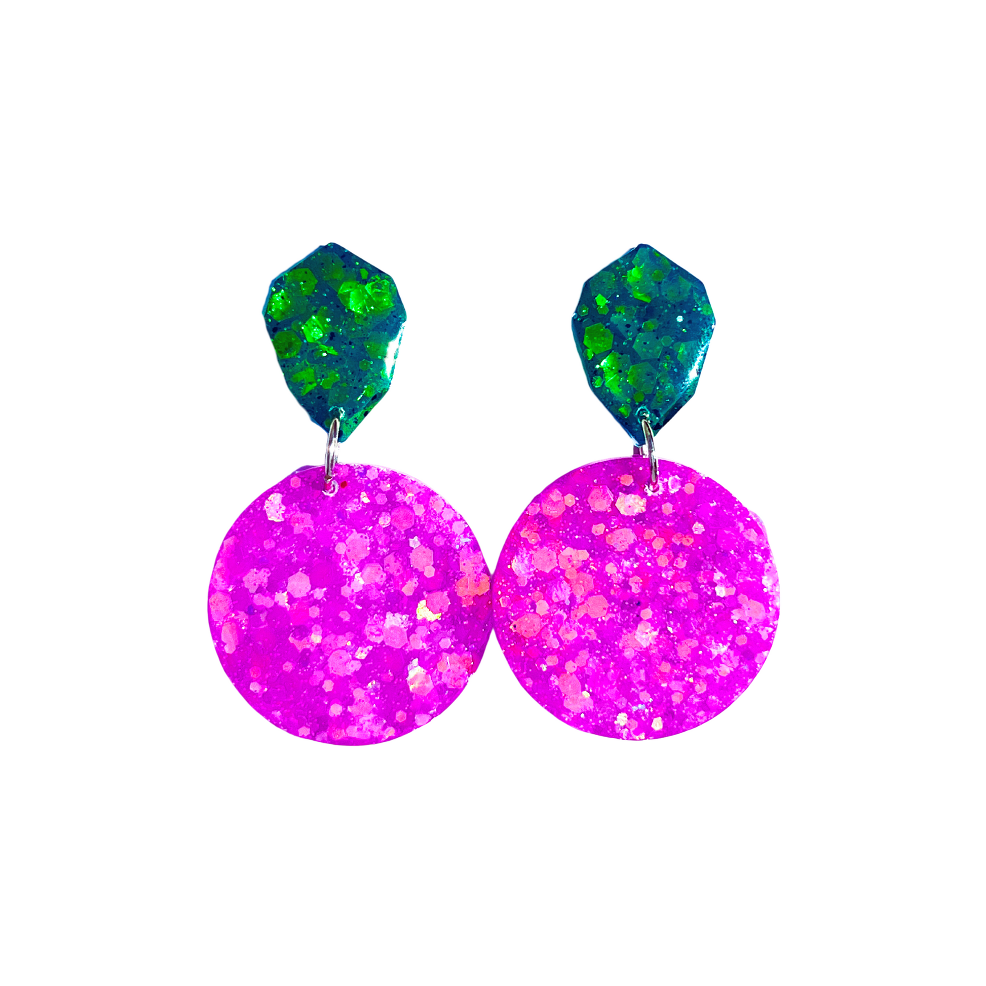 Green & Purple Glitter Circle Drop Earrings for Sensitive Ears