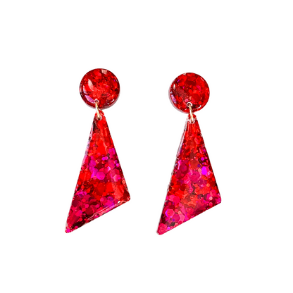 Red & Magenta Glitter Triangle Drop Earrings for Sensitive Ears