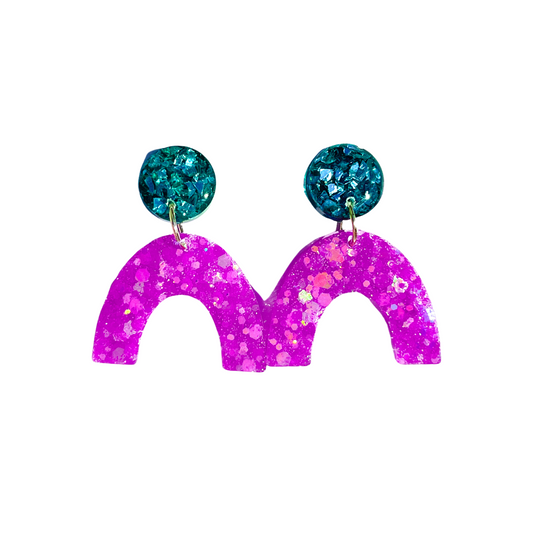 Green & Purple Glitter Rainbow Drop Earrings for Sensitive Ears
