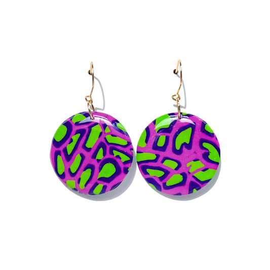 Fuchsia and Green Animal Print Round Dangle Earrings for Sensitive Ears