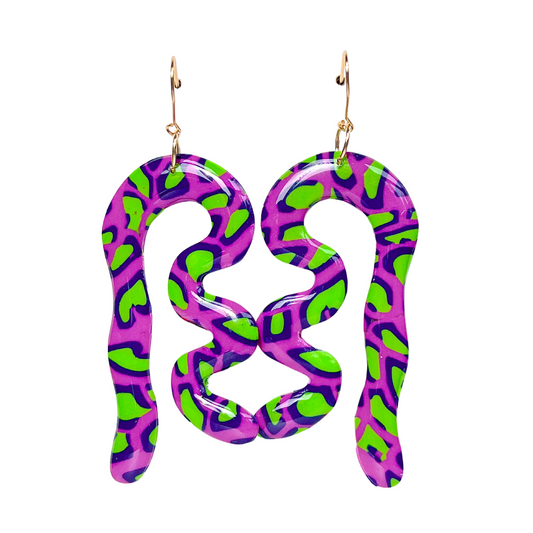 Fuchsia and Green Animal Print Squiggle Dangle Earrings for Sensitive Ears