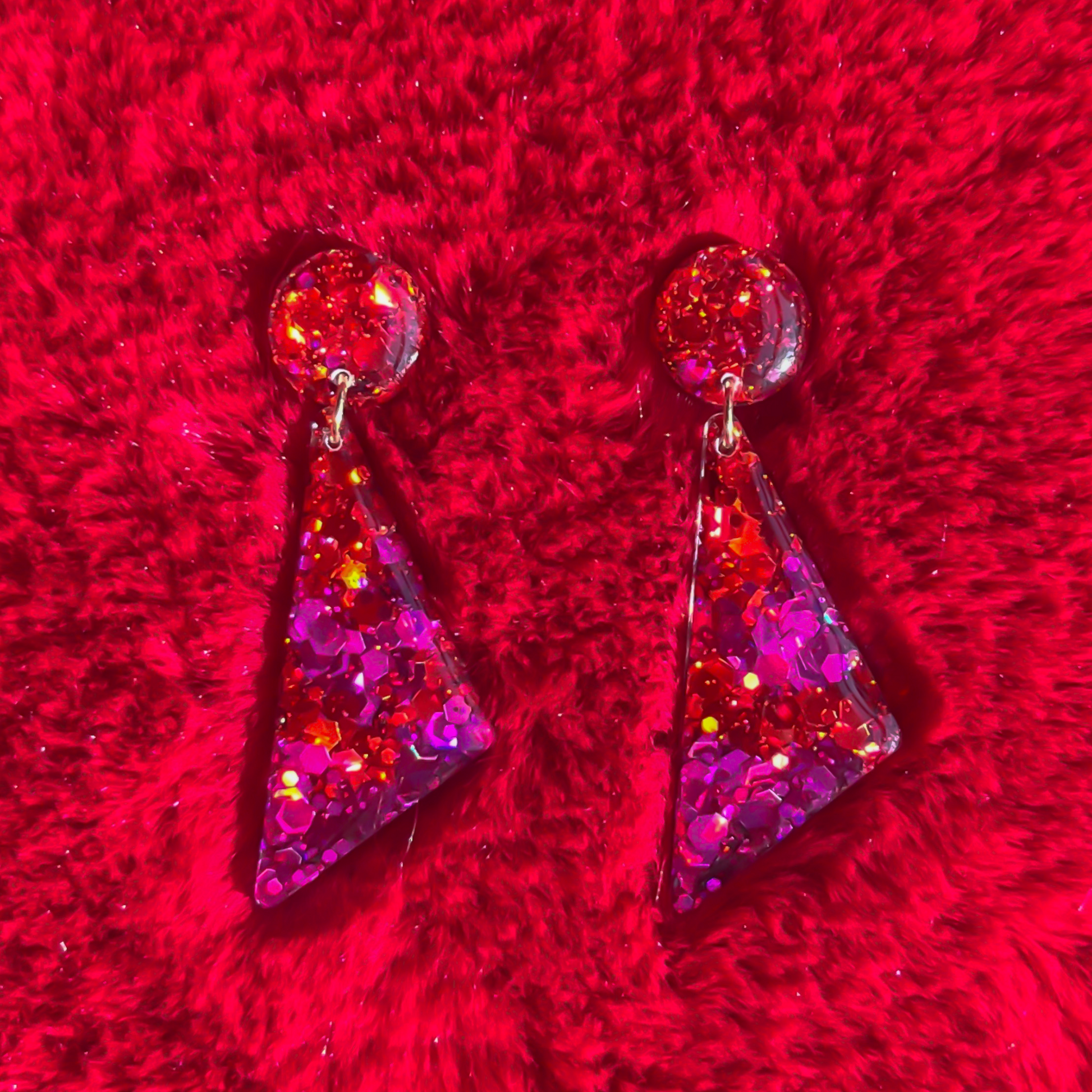 Red & Magenta Glitter Triangle Drop Earrings for Sensitive Ears