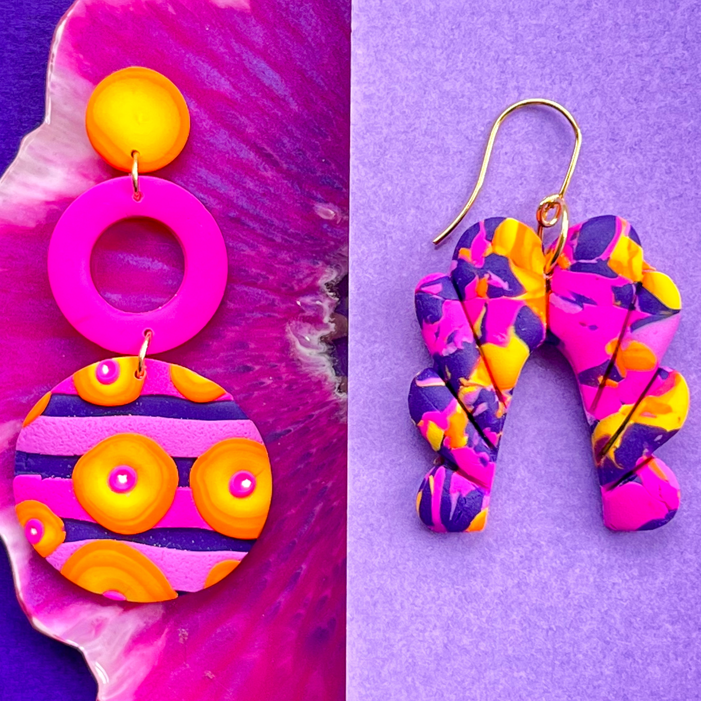 Bright Pink, Orange & Purple Clay Round Drop Earrings for Sensitive Ears