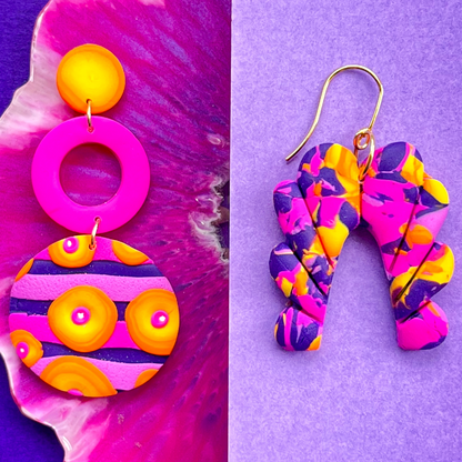 Bright Pink, Orange & Purple Clay Round Drop Earrings for Sensitive Ears