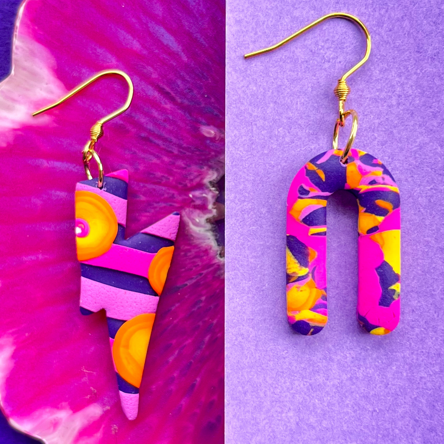 Bright Pink, Orange & Purple Clay Arch Dangle Earrings for Sensitive Ears