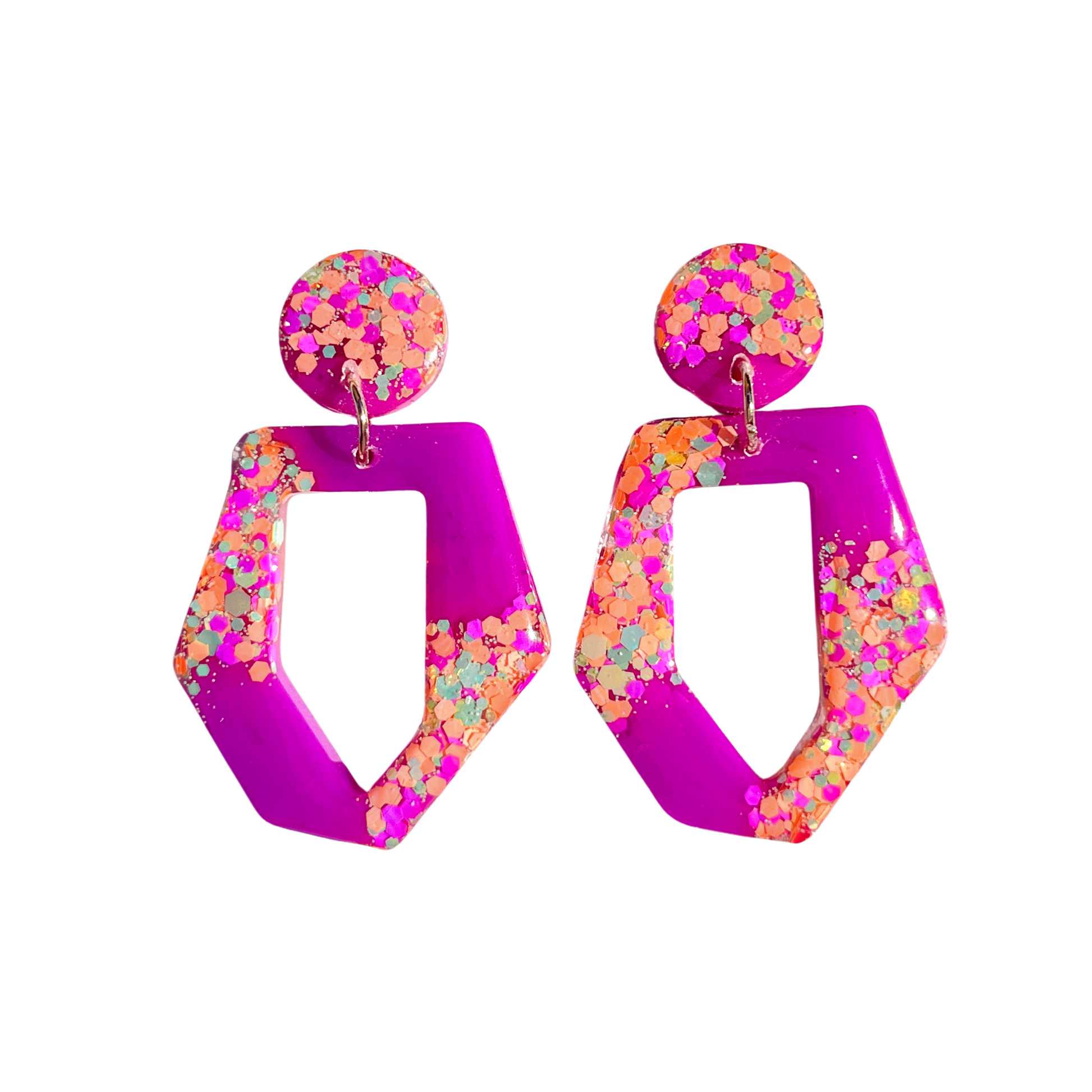 Purple, Orange & Gold Glitter Hexagon Drop Earrings for Sensitive Ears