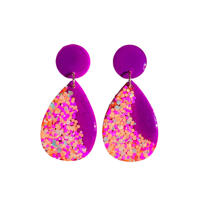 Purple, Orange & Gold Glitter Teardrop Drop Earrings for Sensitive Ears