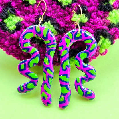 Fuchsia and Green Animal Print Squiggle Dangle Earrings for Sensitive Ears