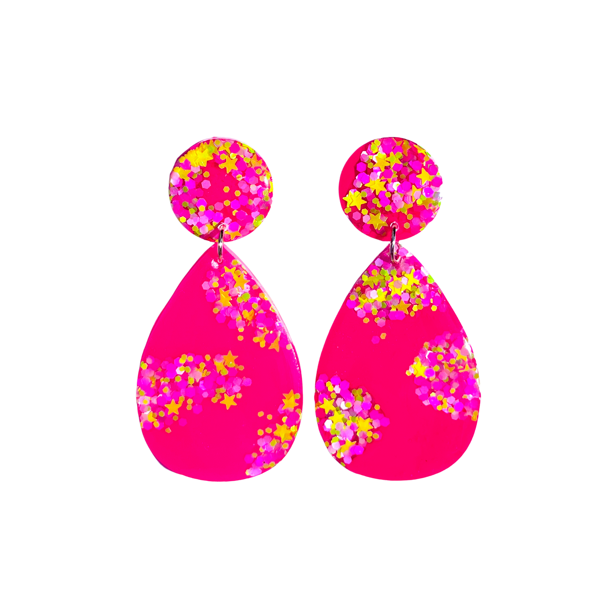 Pink, Yellow & Purple Glitter Teardrop Earrings for Sensitive Ears