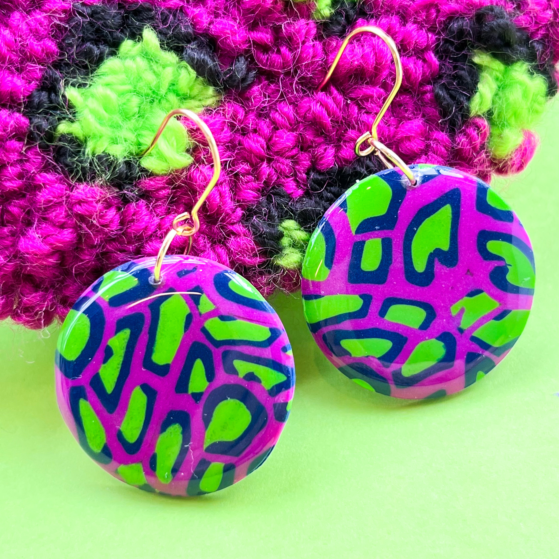 Fuchsia and Green Animal Print Round Dangle Earrings for Sensitive Ears