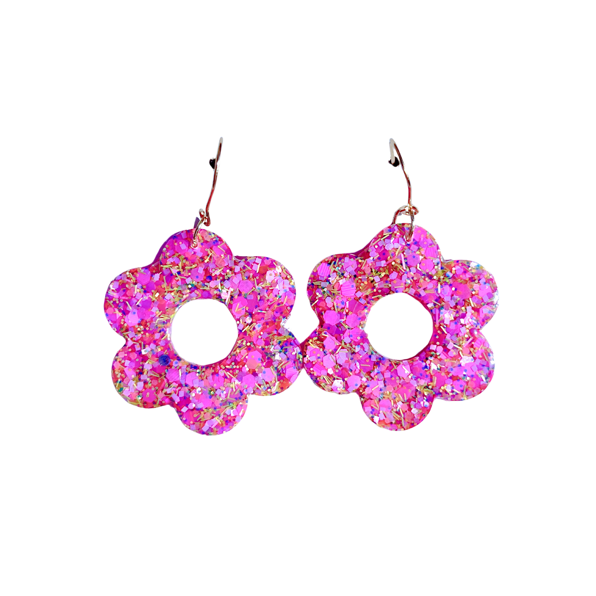 Pink, Purple & Yellow Glitter Flower Dangle Earrings for Sensitive Ears