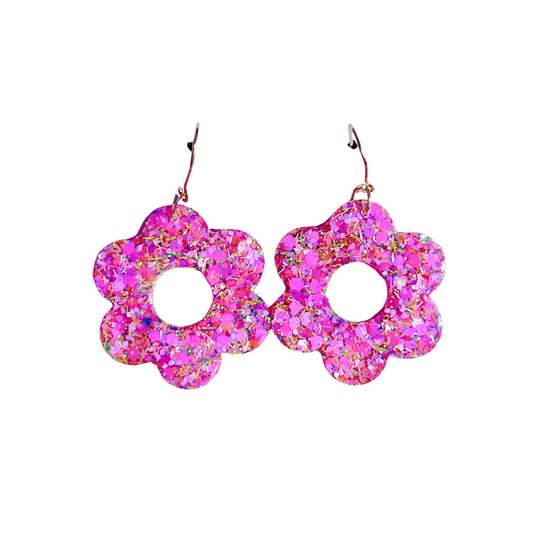 Pink, Purple & Yellow Glitter Flower Dangle Earrings for Sensitive Ears