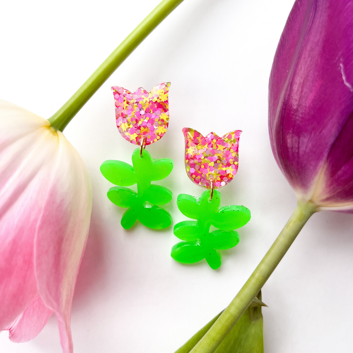 Pink, Yellow & Purple Glitter Flower Drop Earrings for Sensitive Ears